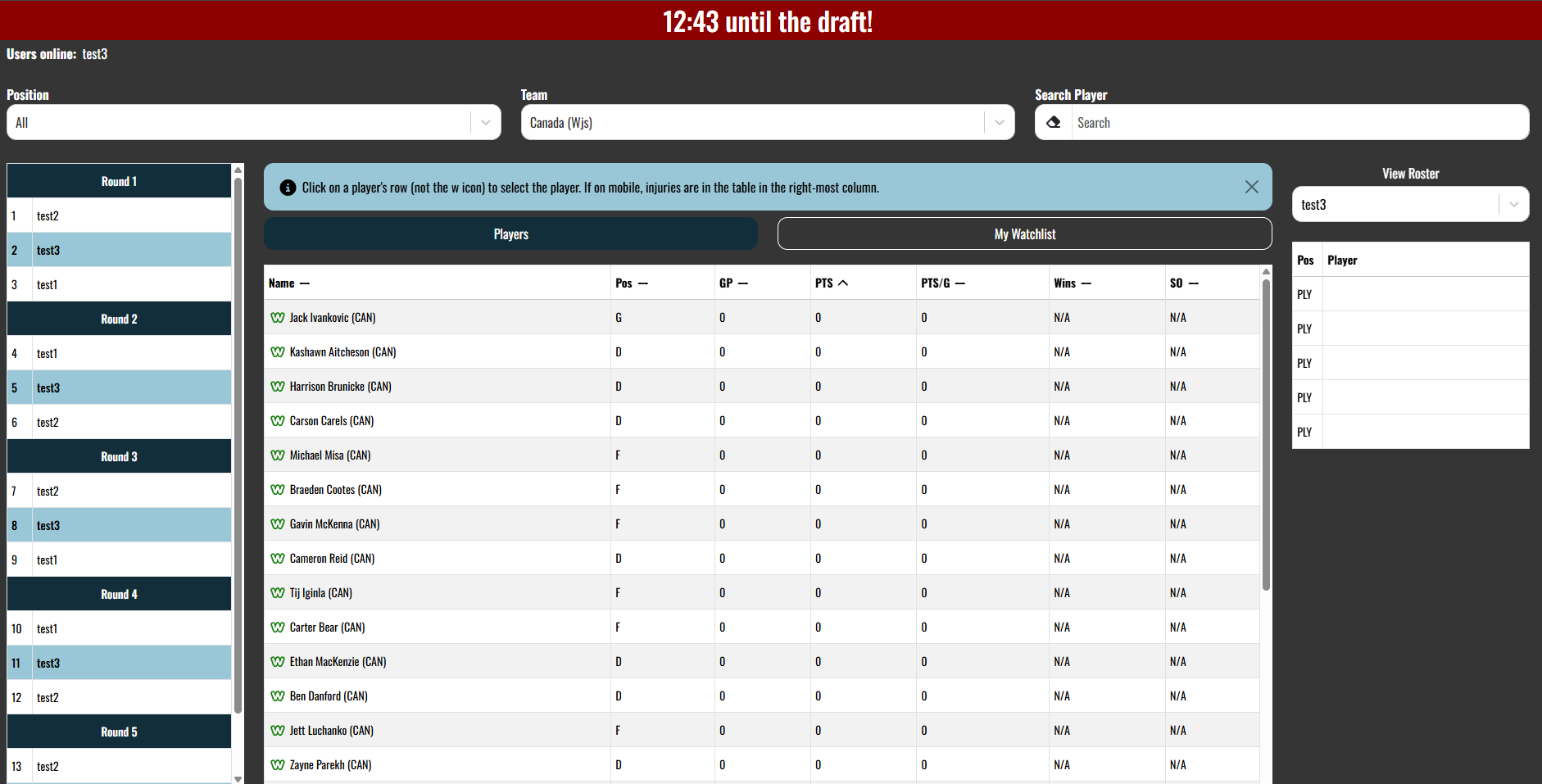 Live draft room with the draft board by round, a filterable player list sorted by points, and a manager's roster