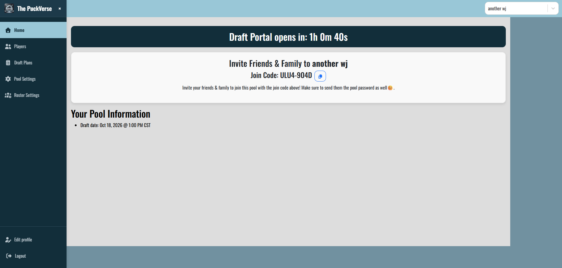 A World Juniors pool home page showing the draft countdown and the join code to invite friends