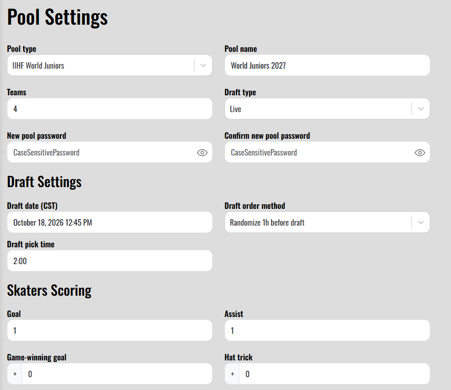 Pool settings page with pool type, team count, draft date, pick time and skater scoring options