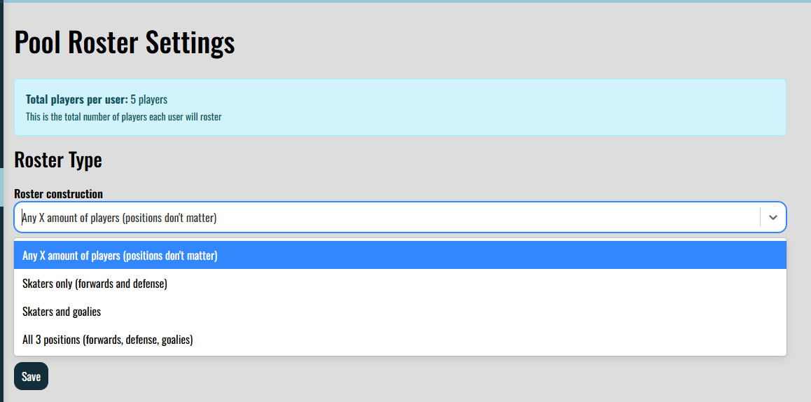 Pool roster settings page showing the roster construction options